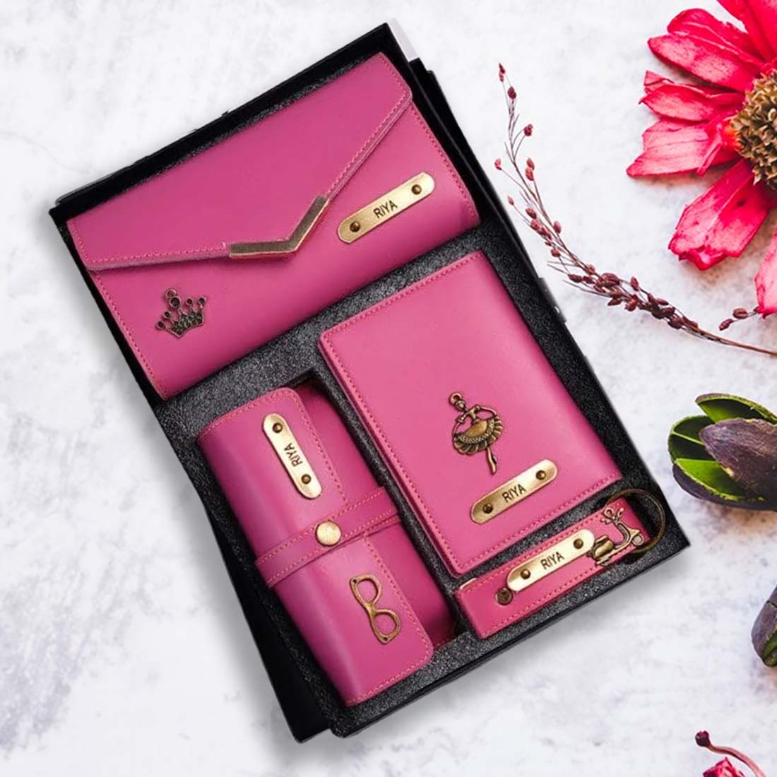 Ladies 4pc Combo - 3 Fold Clutch Wallet, Keychain, Sunglass Holder and Passport Cover