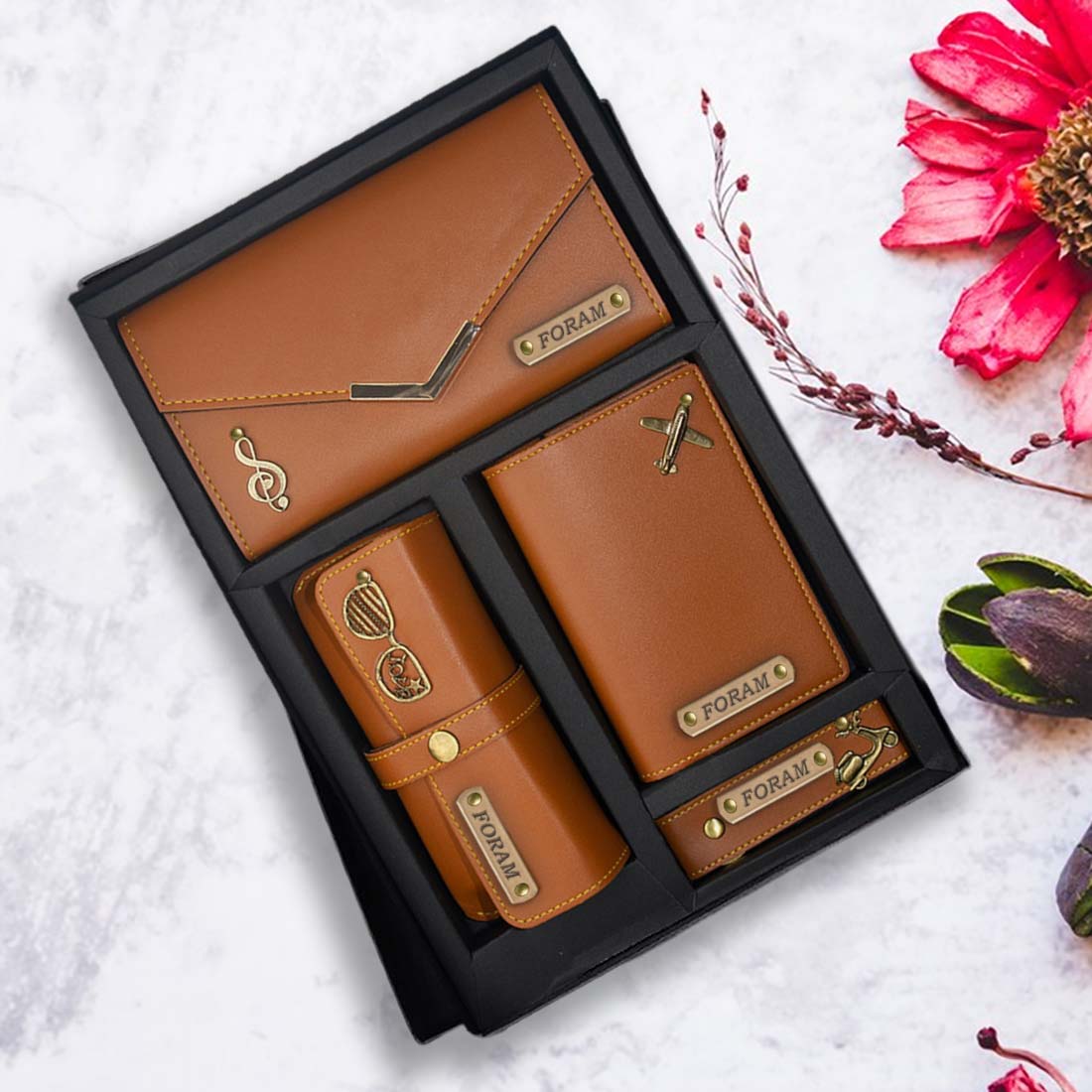 Ladies 4pc Combo - 3 Fold Clutch Wallet, Keychain, Sunglass Holder and Passport Cover - Tan - Right Marc