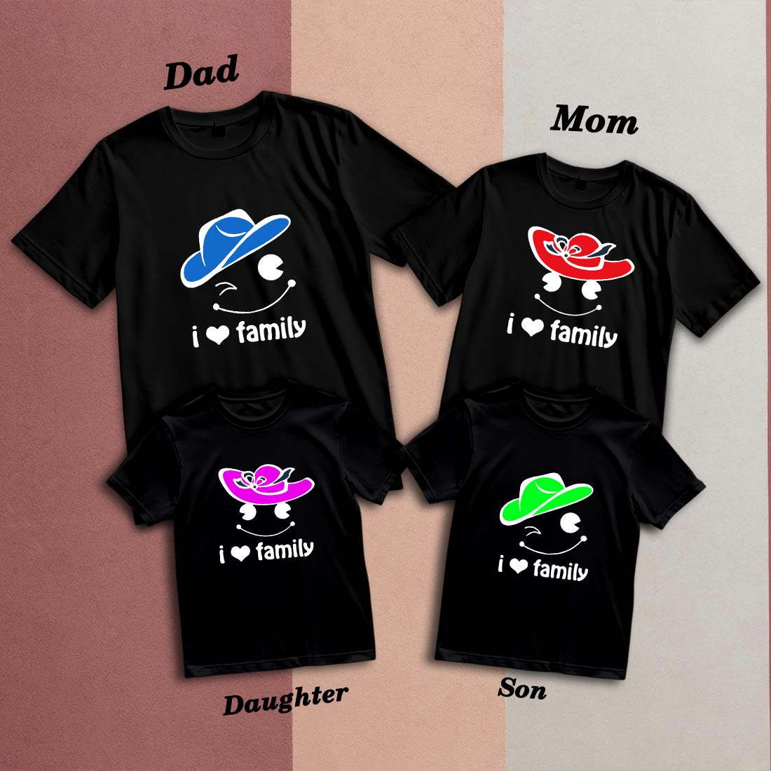I Love Family Smiley Hat Printed Cotton T-Shirt - Matching Family Tees (D9)