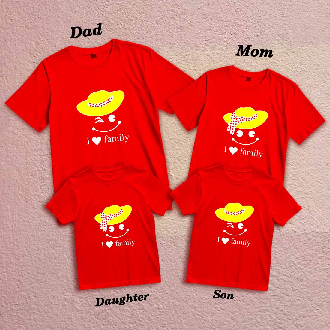Matching Family Smiley T-Shirts - Red & Yellow Hats, Fun & Comfort! (D2)