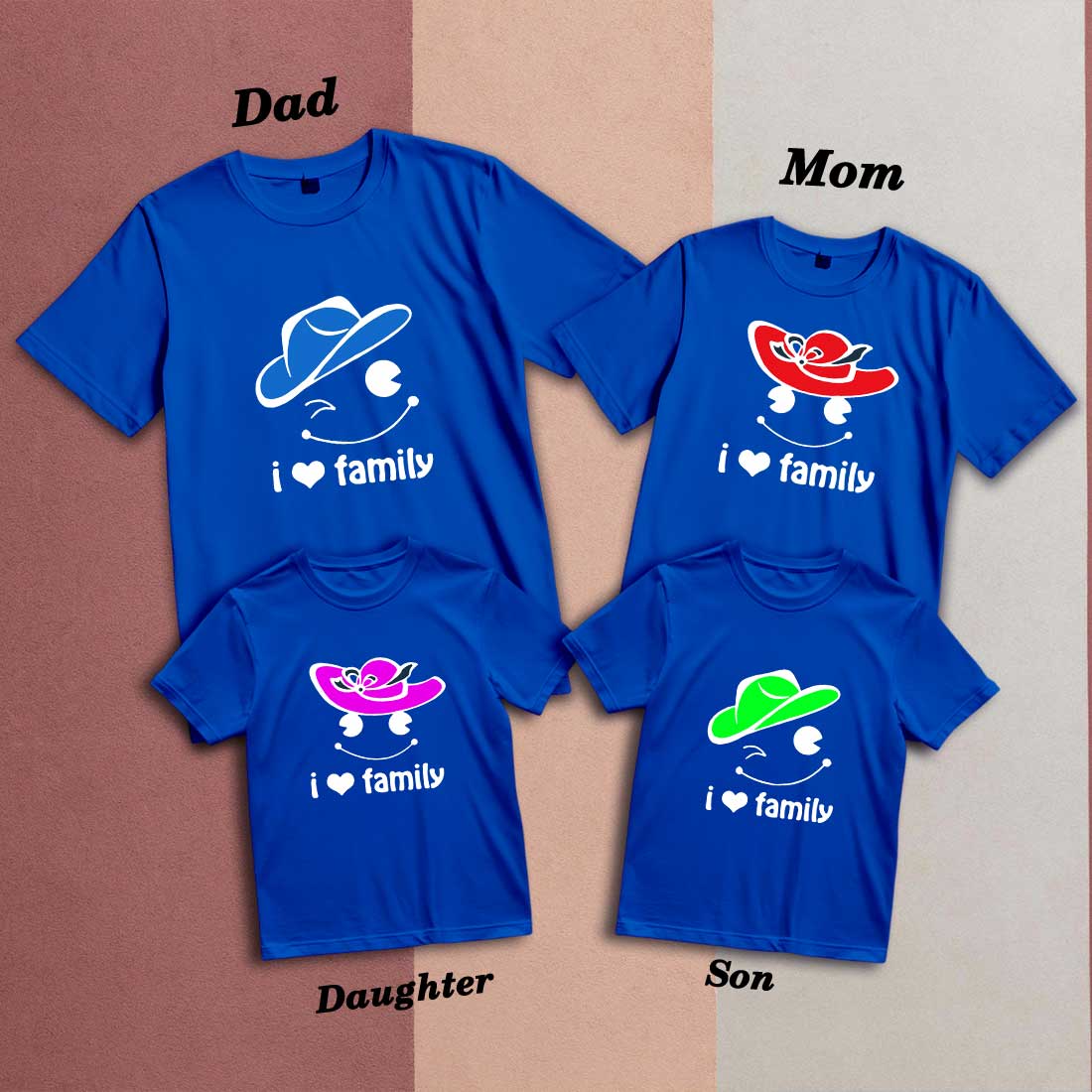 I Love Family Smiley Hat Printed Cotton T-Shirt - Matching Family Tees (D9)