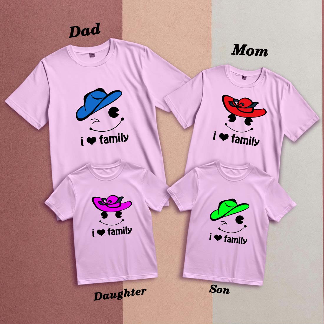 I Love Family Smiley Hat Printed Cotton T-Shirt - Matching Family Tees (D9)