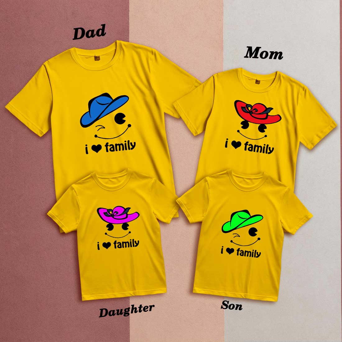 I Love Family Smiley Hat Printed Cotton T-Shirt - Matching Family Tees (D9)