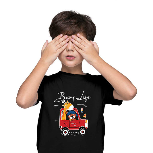 Travel Car Animal T-Shirt - Round Neck, Half Sleeve, Bio-Wash Cotton (D128)