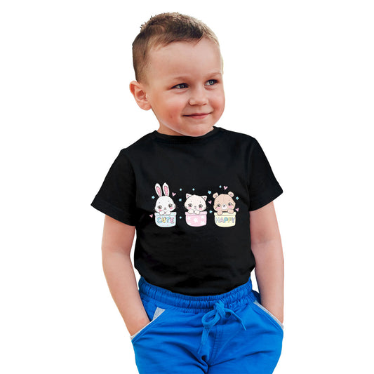 Little Cat, Bear & Bunny Kids T-Shirt - Combed Cotton, Round Neck, Half Sleeve (D131)