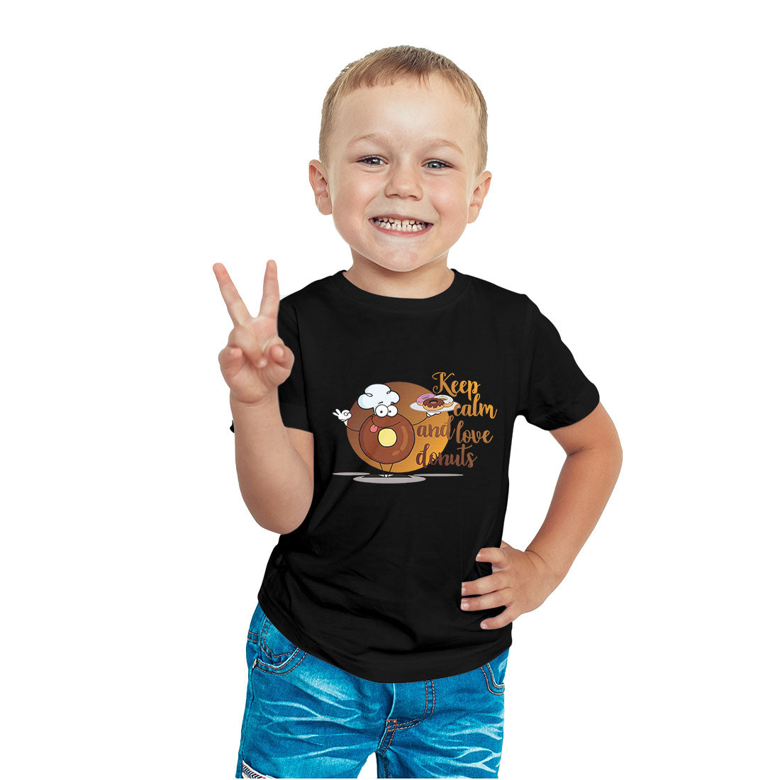 Keep Calm & Love Donuts - Kids' Round Neck Cotton T-Shirt (D84)