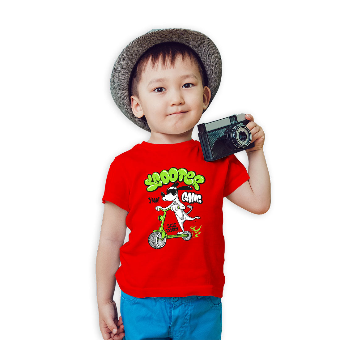 Doggy on Scooter Kids T-Shirt - Super Combed Bio-Wash Cotton (D36)