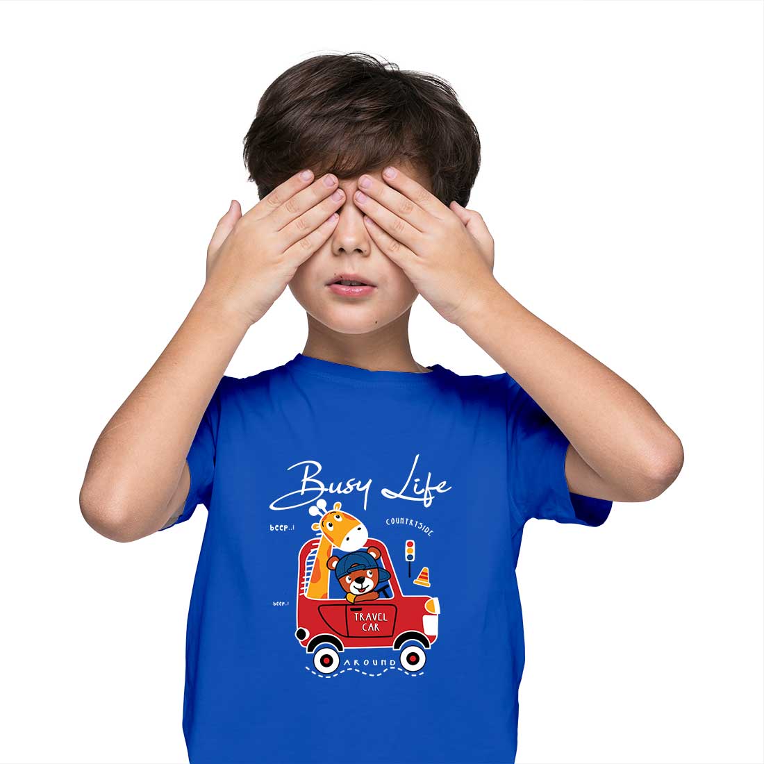 Travel Car Animal T-Shirt - Round Neck, Half Sleeve, Bio-Wash Cotton (D128)