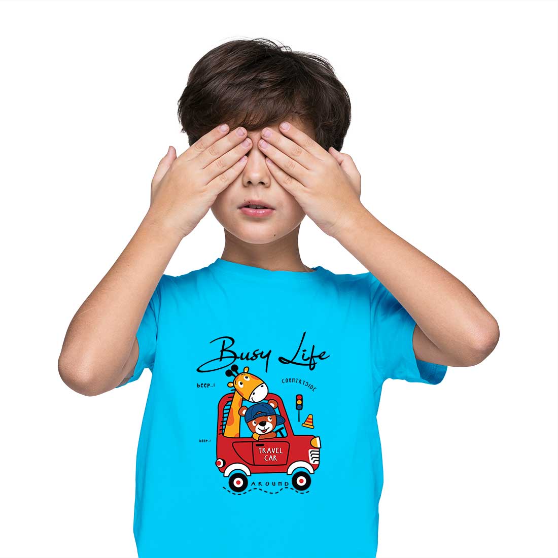 Travel Car Animal T-Shirt - Round Neck, Half Sleeve, Bio-Wash Cotton (D128)