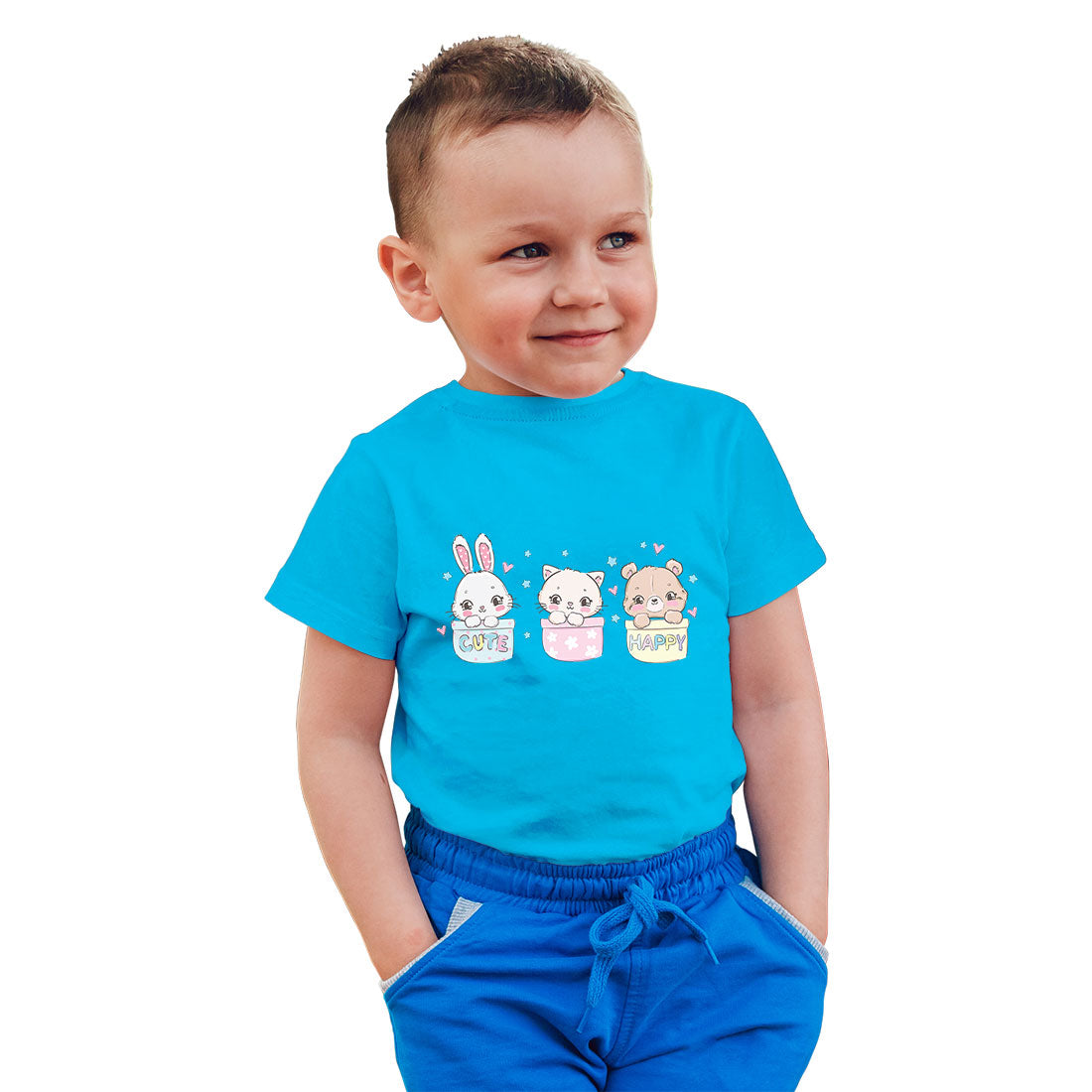 Little Cat, Bear & Bunny Kids T-Shirt - Combed Cotton, Round Neck, Half Sleeve (D131)