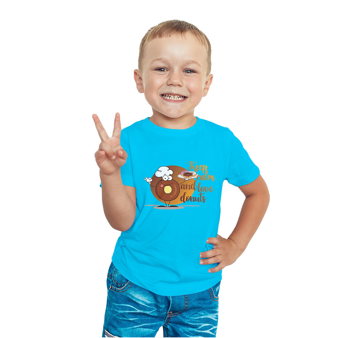 Keep Calm & Love Donuts - Kids' Round Neck Cotton T-Shirt (D84)