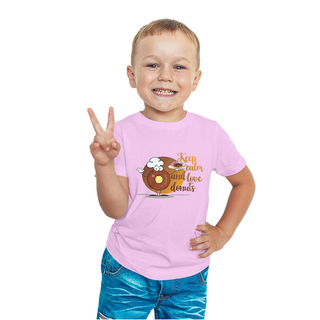 Keep Calm & Love Donuts - Kids' Round Neck Cotton T-Shirt (D84)
