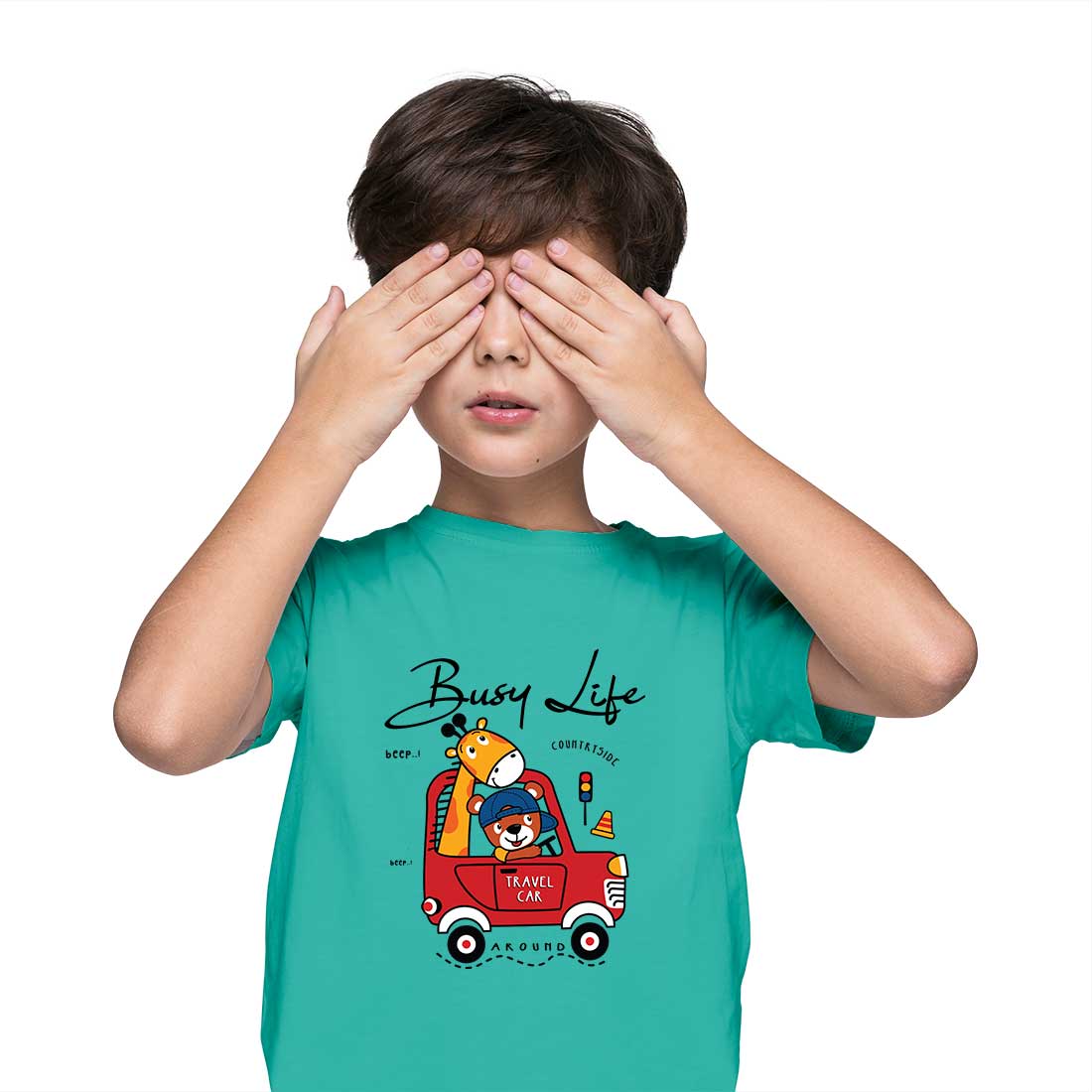 Travel Car Animal T-Shirt - Round Neck, Half Sleeve, Bio-Wash Cotton (D128)