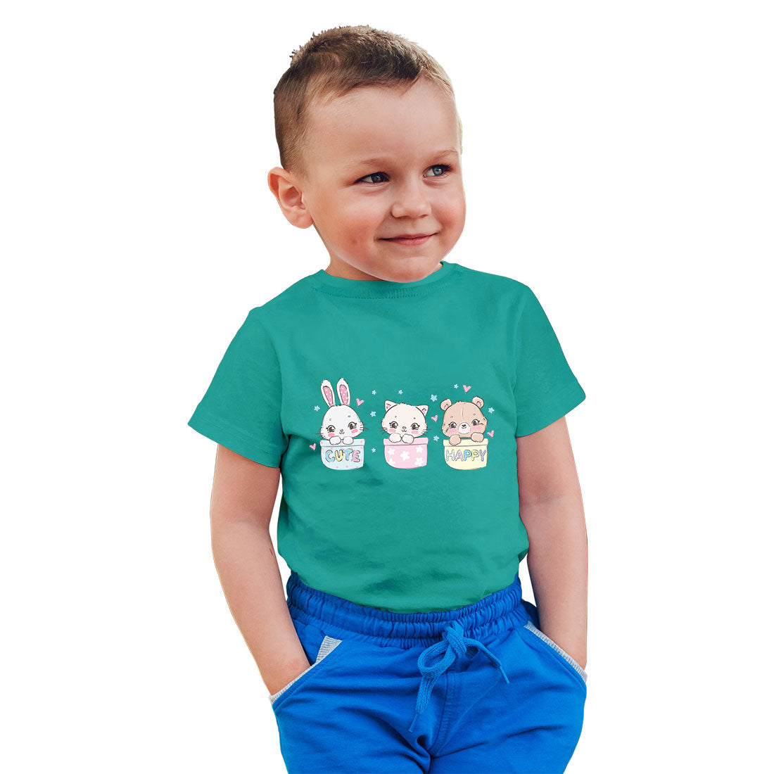 Little Cat, Bear & Bunny Kids T-Shirt - Combed Cotton, Round Neck, Half Sleeve (D131)
