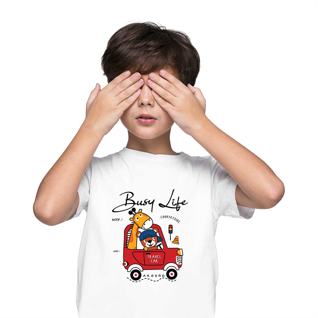 Travel Car Animal T-Shirt - Round Neck, Half Sleeve, Bio-Wash Cotton (D128)