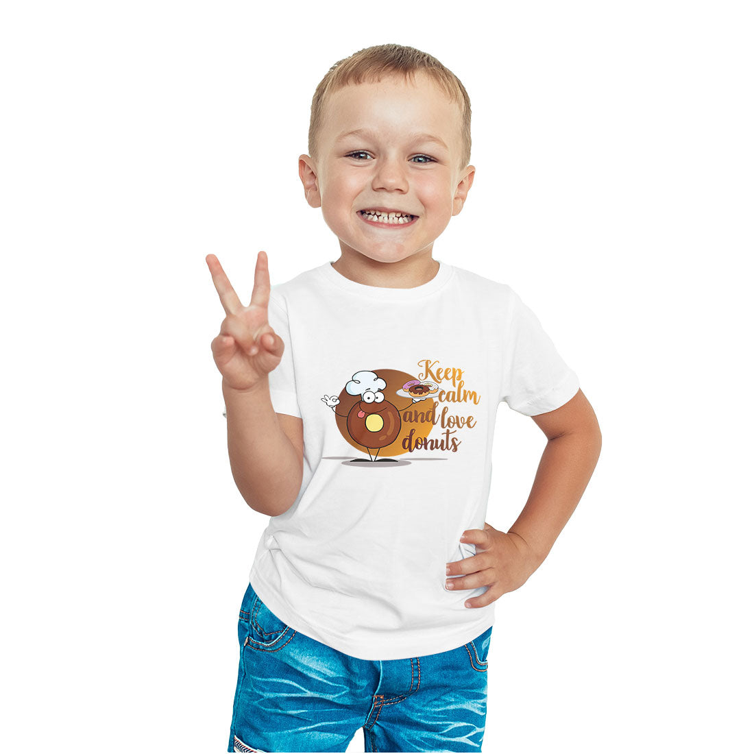 Keep Calm & Love Donuts - Kids' Round Neck Cotton T-Shirt (D84)