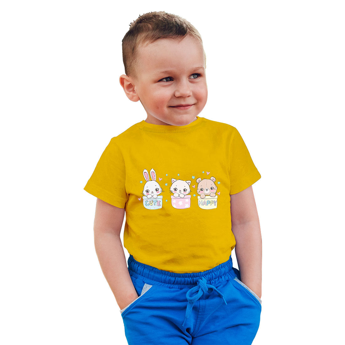 Little Cat, Bear & Bunny Kids T-Shirt - Combed Cotton, Round Neck, Half Sleeve (D131)