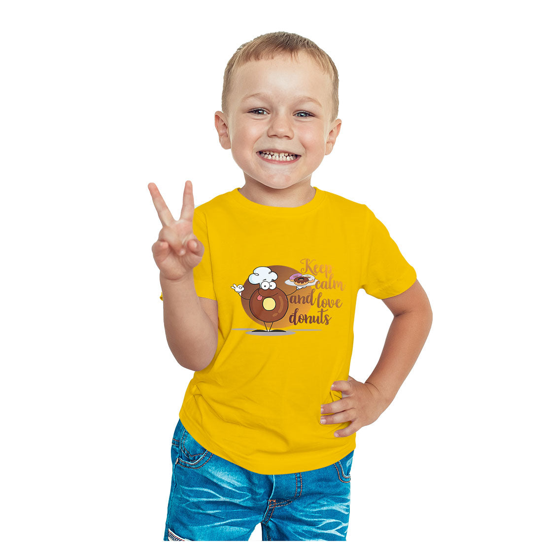 Keep Calm & Love Donuts - Kids' Round Neck Cotton T-Shirt (D84)