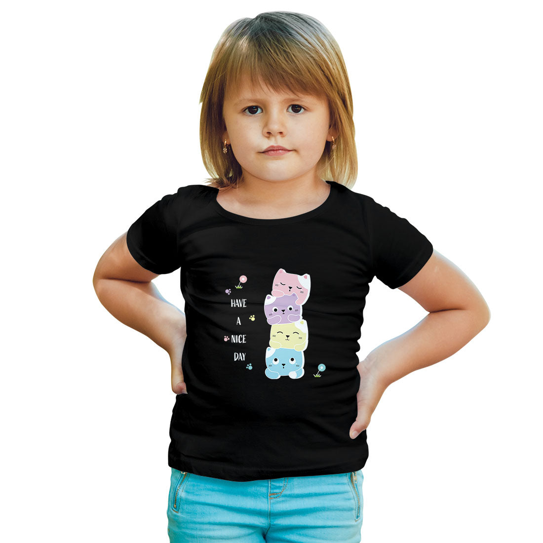Little Cats 'Have a Nice Day' Kids T-Shirt - Super Combed Cotton, Round Neck (D126)