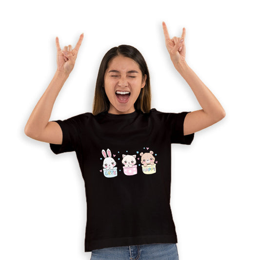 Little Cat, Bear & Bunny Kids T-Shirt - Combed Cotton, Round Neck, Half Sleeve (D131)