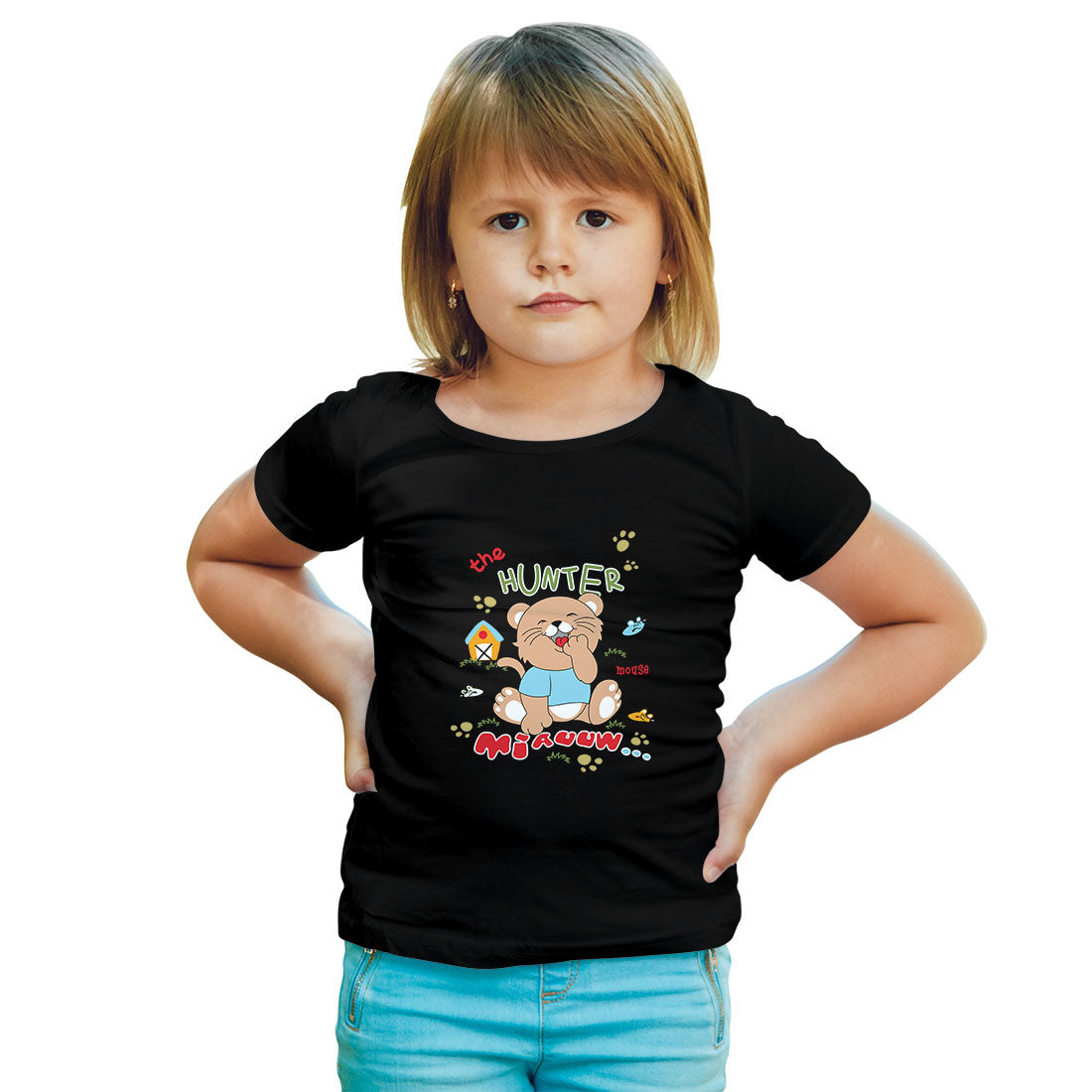 Hunter Cat Kids T-Shirt - Playful & Comfy Super Combed Cotton (D142)