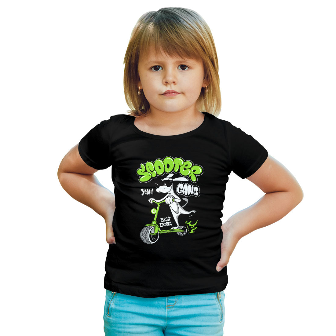 Doggy on Scooter Kids T-Shirt - Super Combed Bio-Wash Cotton (D36)
