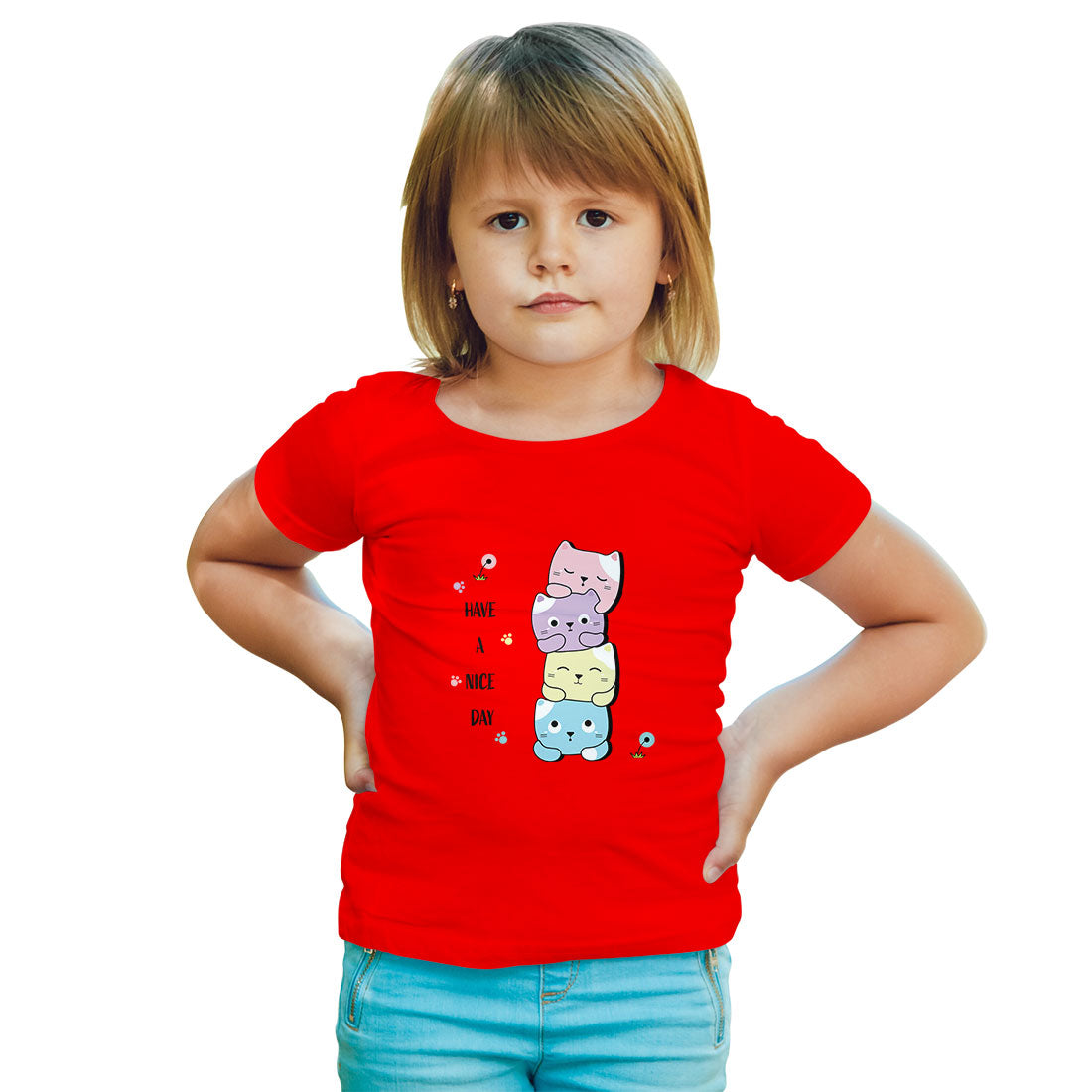 Little Cats 'Have a Nice Day' Kids T-Shirt - Super Combed Cotton, Round Neck (D126)