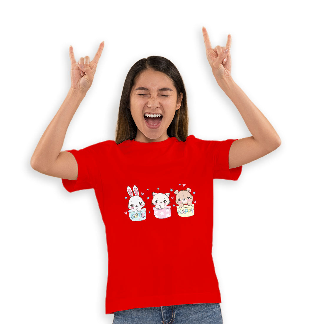 Little Cat, Bear & Bunny Kids T-Shirt - Combed Cotton, Round Neck, Half Sleeve (D131)