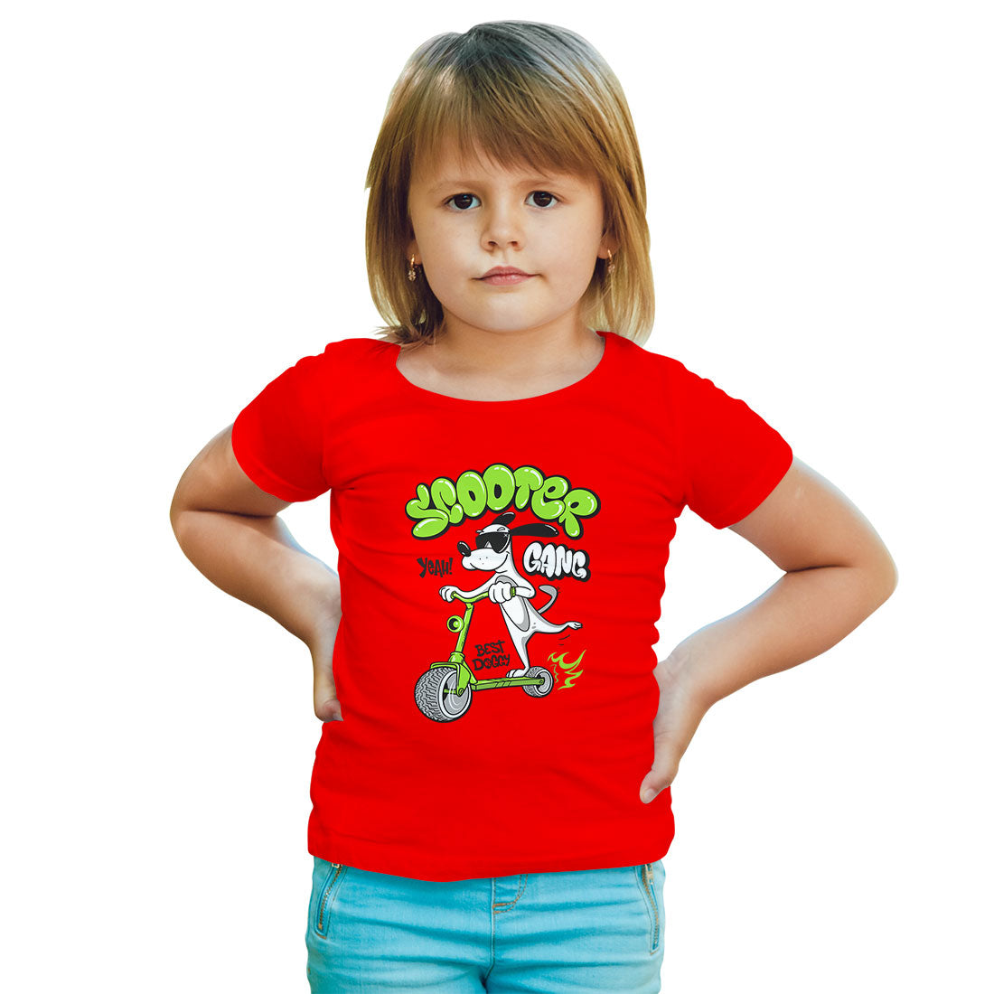 Doggy on Scooter Kids T-Shirt - Super Combed Bio-Wash Cotton (D36)