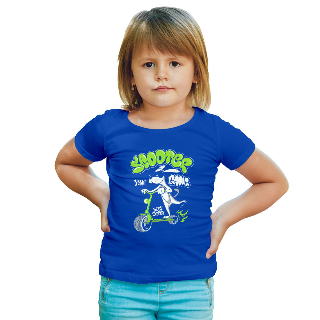 Doggy on Scooter Kids T-Shirt - Super Combed Bio-Wash Cotton (D36)