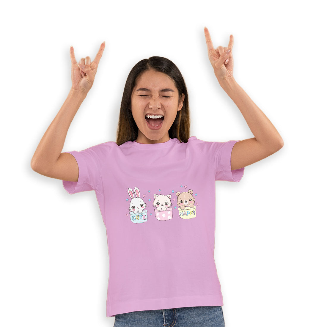 Little Cat, Bear & Bunny Kids T-Shirt - Combed Cotton, Round Neck, Half Sleeve (D131)