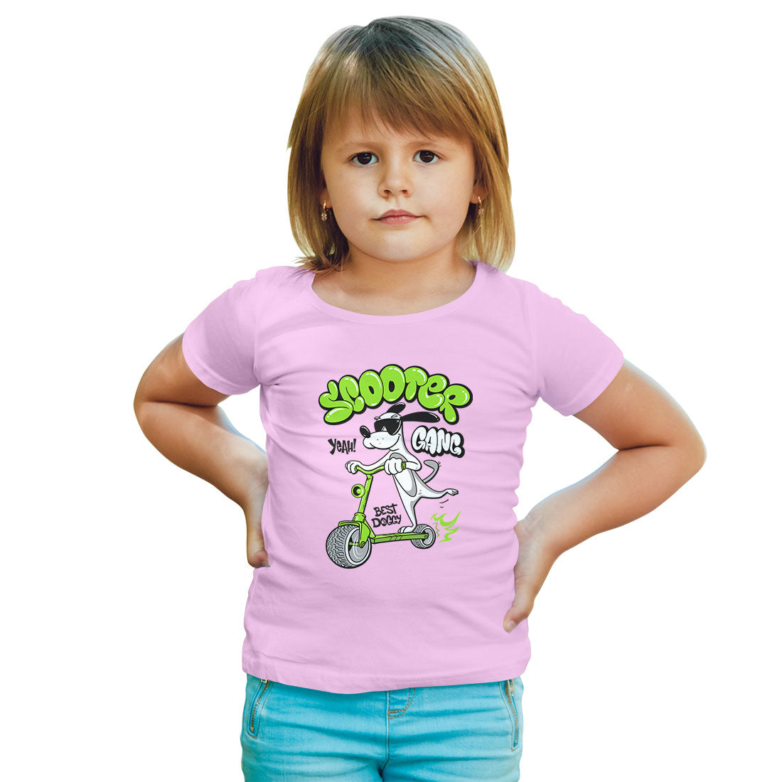 Doggy on Scooter Kids T-Shirt - Super Combed Bio-Wash Cotton (D36)