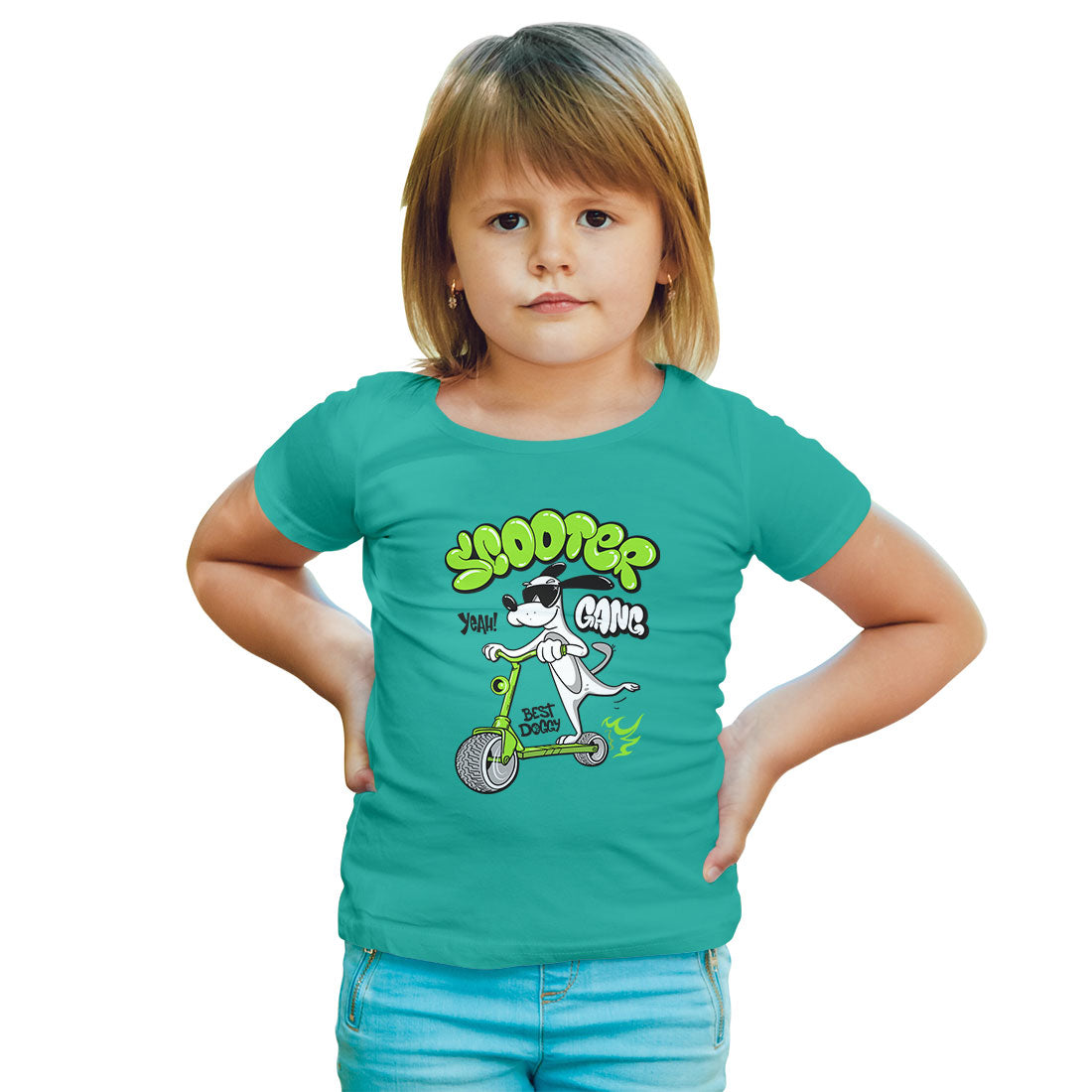 Doggy on Scooter Kids T-Shirt - Super Combed Bio-Wash Cotton (D36)