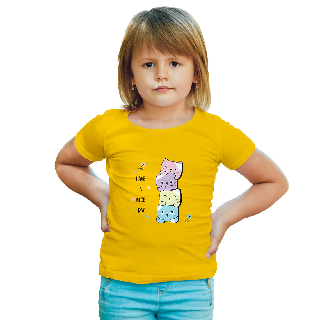 Little Cats 'Have a Nice Day' Kids T-Shirt - Super Combed Cotton, Round Neck (D126)
