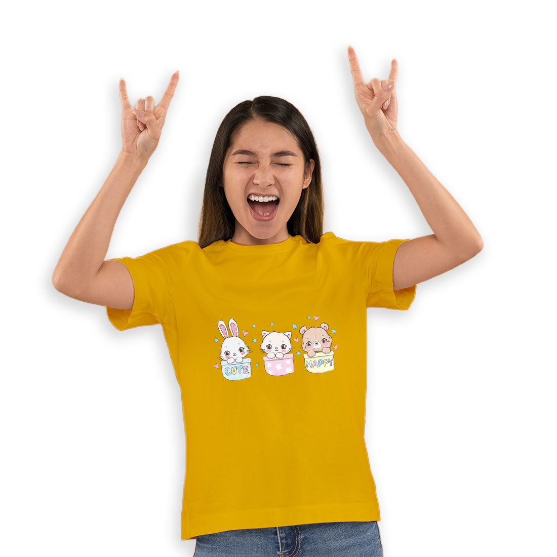 Little Cat, Bear & Bunny Kids T-Shirt - Combed Cotton, Round Neck, Half Sleeve (D131)
