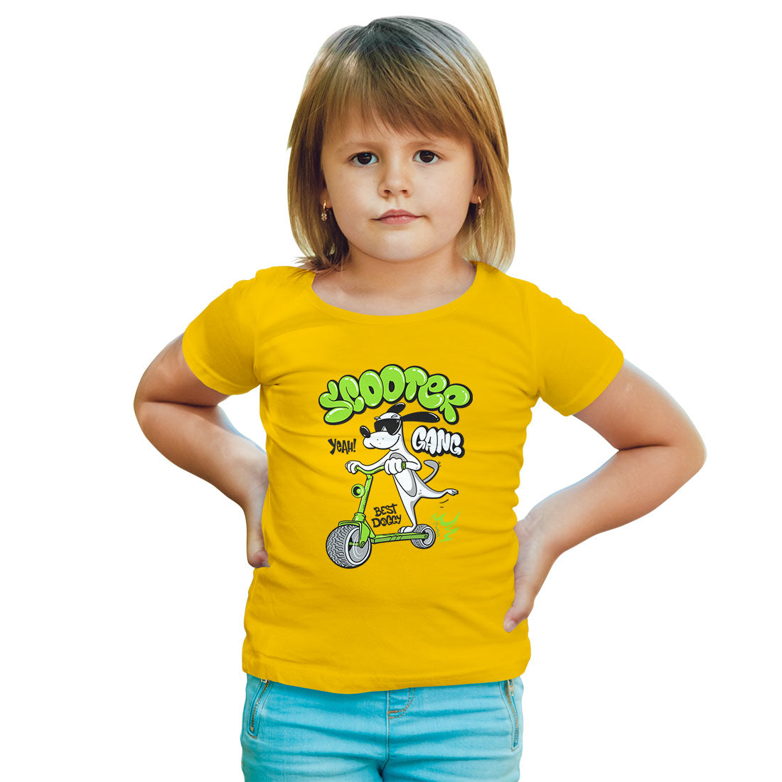 Doggy on Scooter Kids T-Shirt - Super Combed Bio-Wash Cotton (D36)