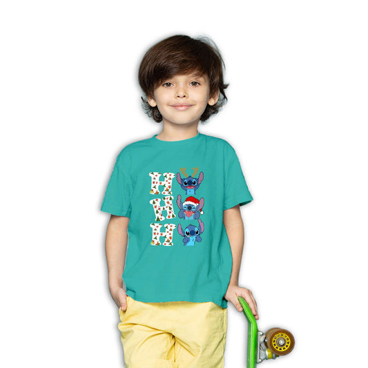 Ho Ho Ho Stitch Christmas Printed Teal T-shirt For Kids / Boy - Right Marc