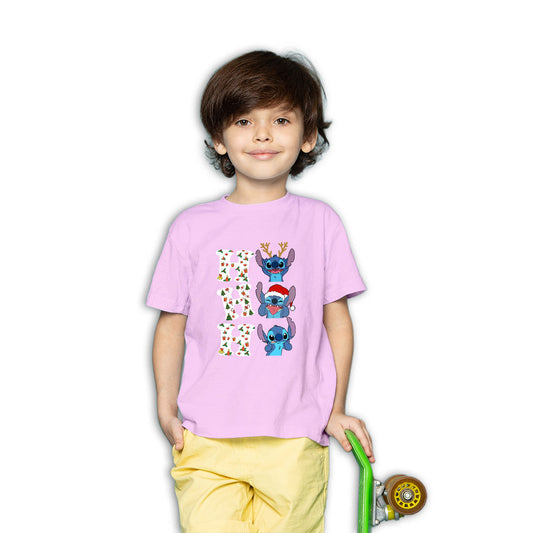 Ho Ho Ho Stitch Christmas Printed Soft Pink T-shirt For Kids / Boy - Right Marc