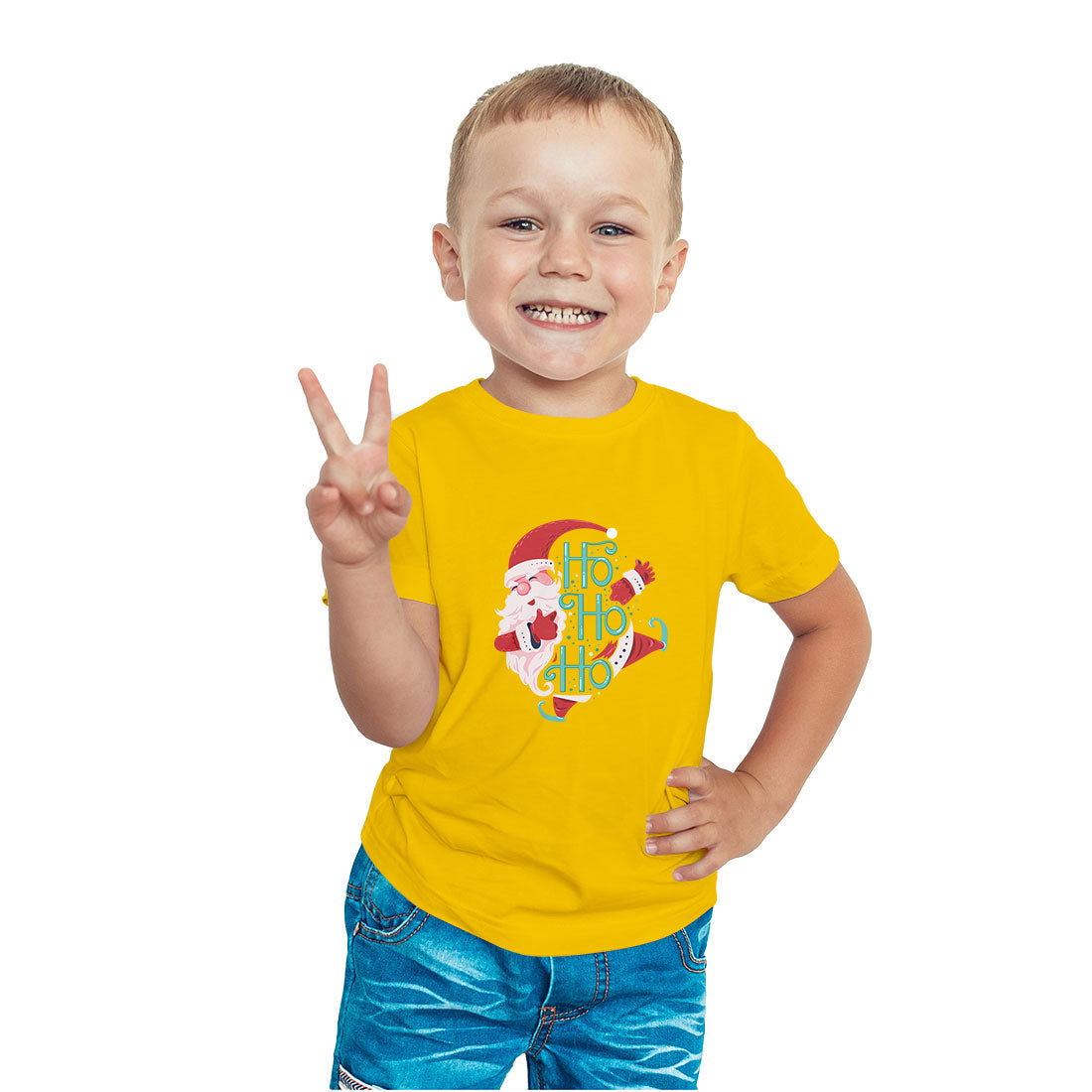 Ho Ho Ho Santa Clause Christmas Printed Yellow T-shirt For Kids / Boy - Right Marc