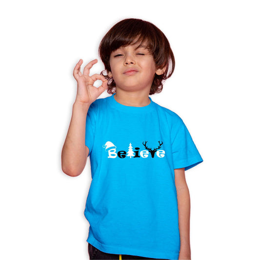 Believe Christmas Printed Sky Blue T-shirt For Kids / Boy - Right Marc