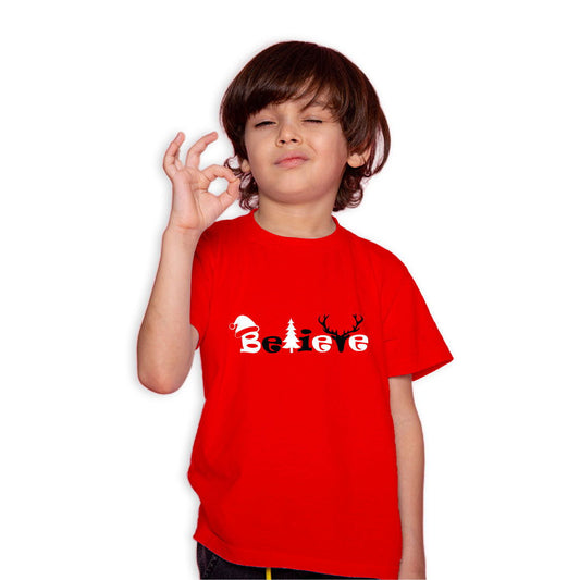 Believe Christmas Printed Red T-shirt For Kids / Boy - Right Marc