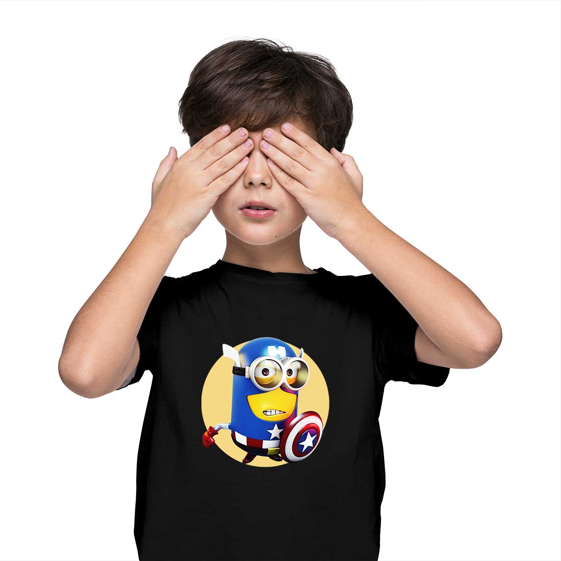 Minion Captain America Printed Black T-shirt For Kids / Boy - Right Marc