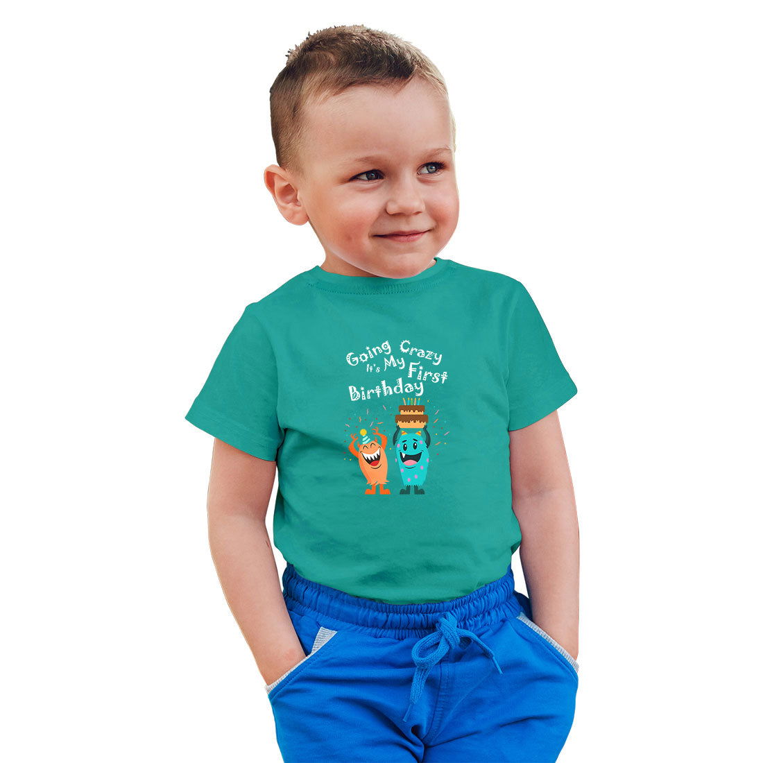 First Birthday Printed Teal T-shirt For Kids / Boy - Right Marc