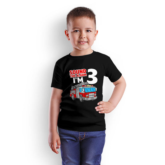 Sound The Alarm I Am Three Printed Black T-shirt For Kids / Boy - Right Marc