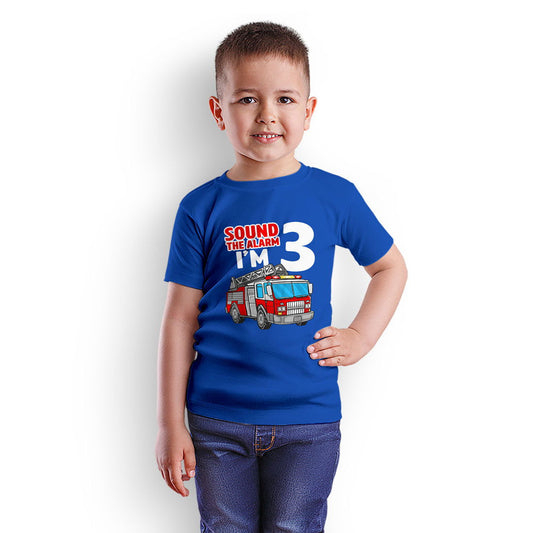 Sound The Alarm I Am Three Printed Royal Blue T-shirt For Kids / Boy - Right Marc