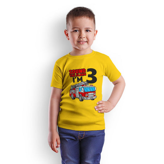 Sound The Alarm I Am Three Printed Yellow T-shirt For Kids / Boy - Right Marc