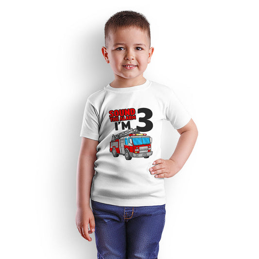 Sound The Alarm I Am Three Printed White T-shirt For Kids / Boy - Right Marc