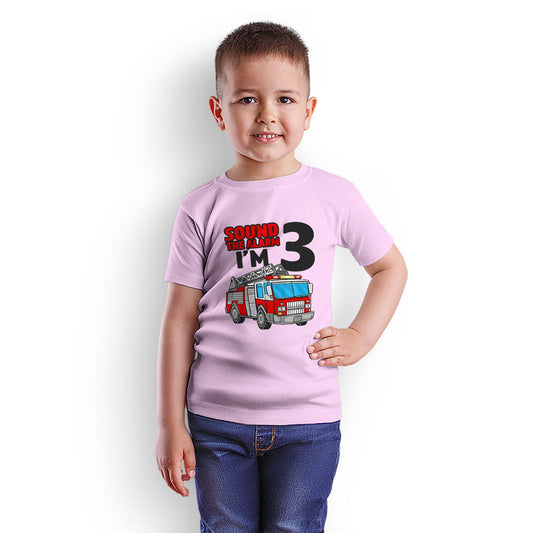 Sound The Alarm I Am Three Printed Soft Pink T-shirt For Kids / Boy - Right Marc