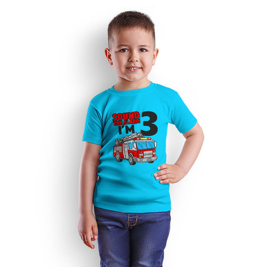 Sound The Alarm I Am Three Printed Sky Blue T-shirt For Kids / Boy - Right Marc