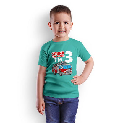 Sound The Alarm I Am Three Printed Teal T-shirt For Kids / Boy - Right Marc